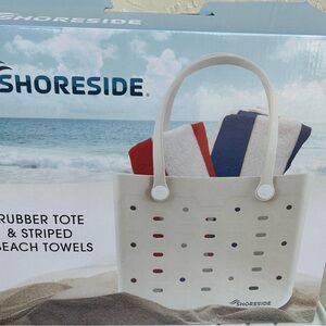 Rubber Tote White With Stripped Beach Towels. New in box